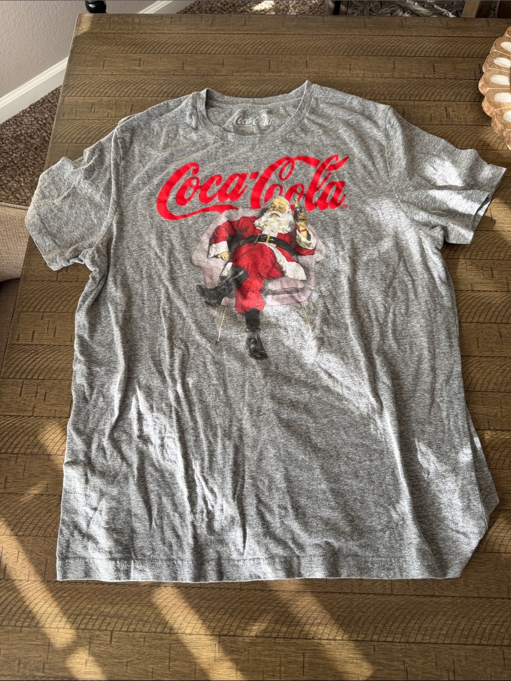 Coca Cola Gray Short Sleeve Tee with Red Logo and Santa Graphic